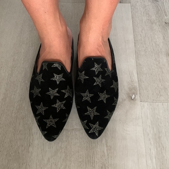 The Flexx Sisley‎ stars print Mules suede leather festive sz 8 1/2 sparkly black - Picture 12 of 12
